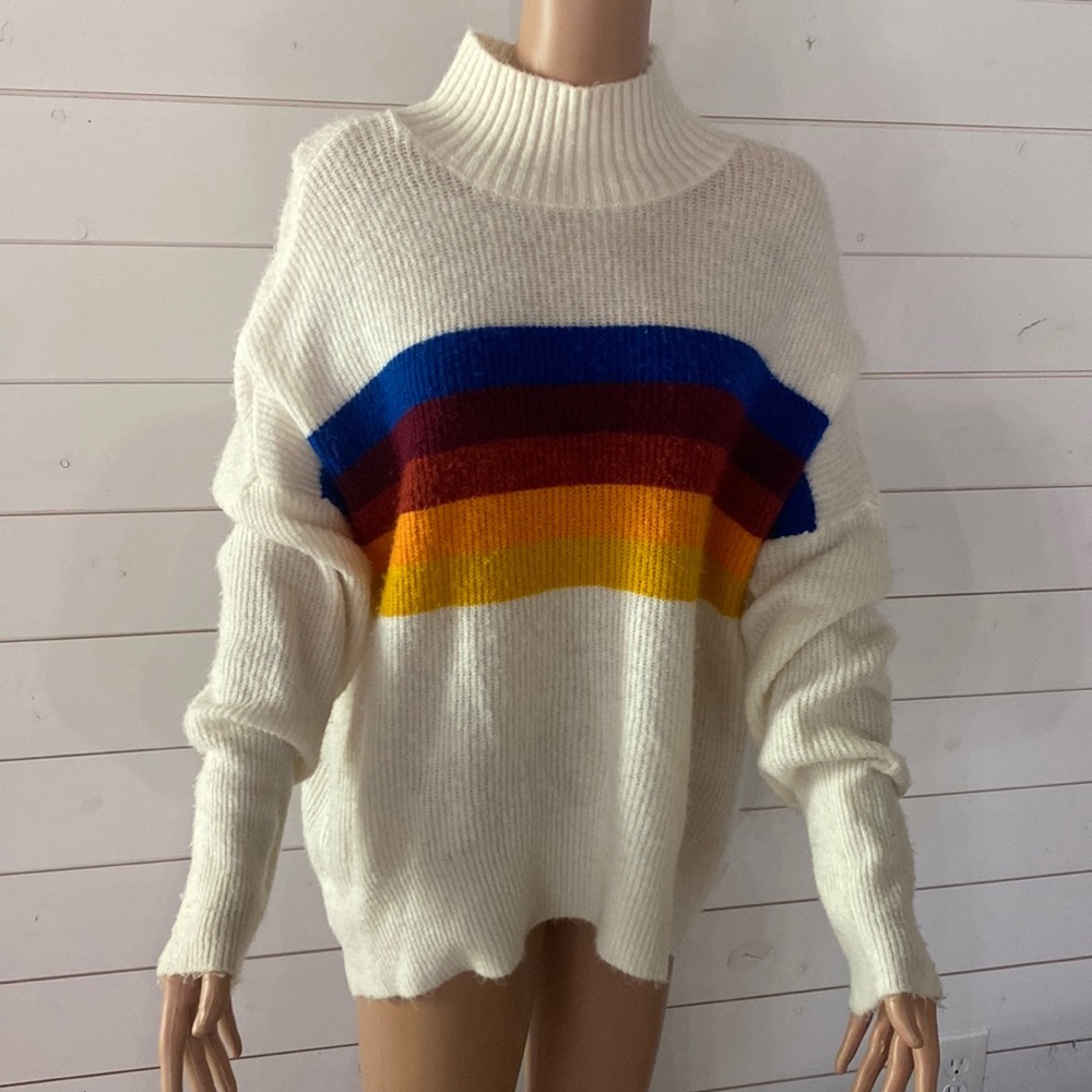 Express Brand light weight white sweater with striped bands. Size Large.
